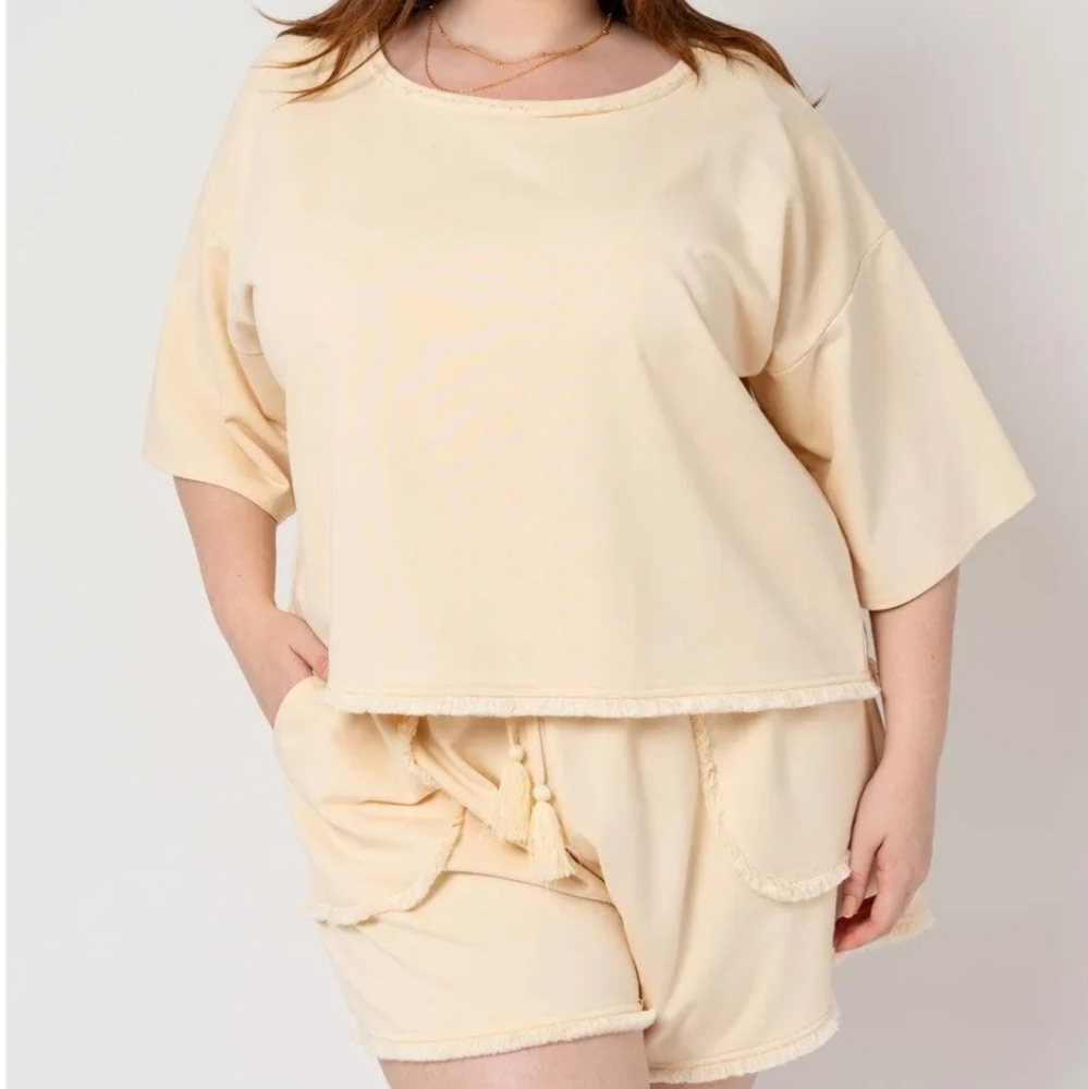 Cream Pajama Set with Relaxed Fit and Elastic Waist